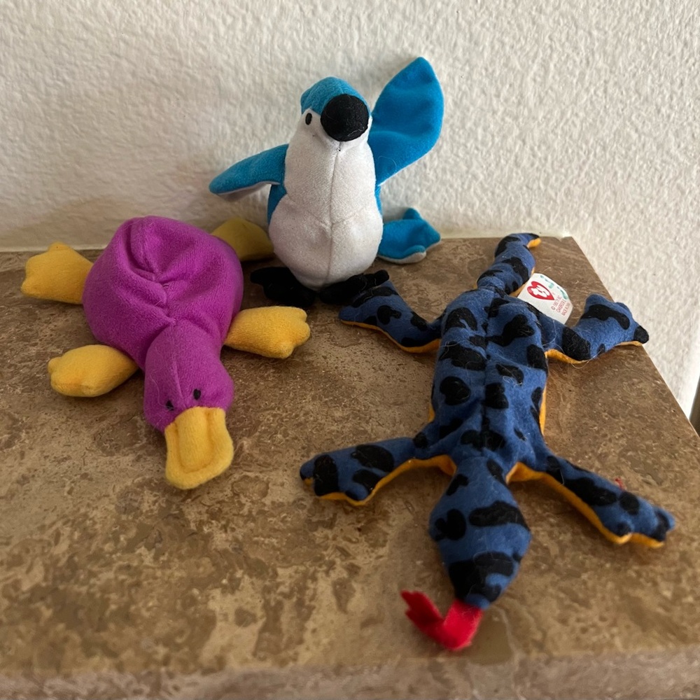 Ty Happy Meal Toys - Plush Set - Purple Platypus, Bluejay, Blue Leopard Lizard